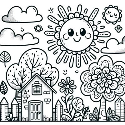 A black and white coloring page with a house and flowers.