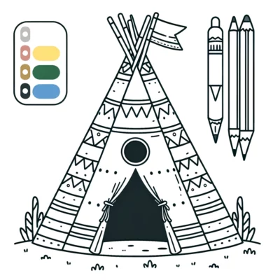 A teepee coloring page with pencils and crayons.