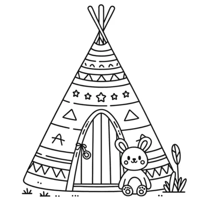 A teepee coloring page with a teddy bear.