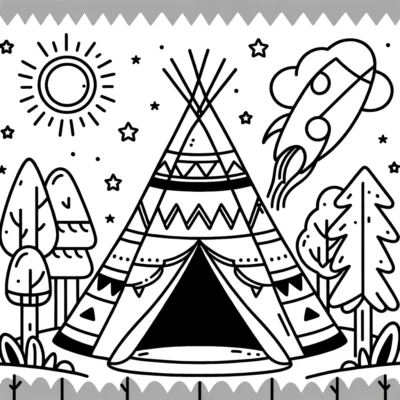 A coloring page with a teepee and stars.