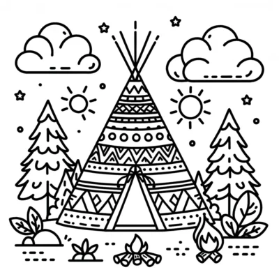 A teepee in the forest with a campfire.