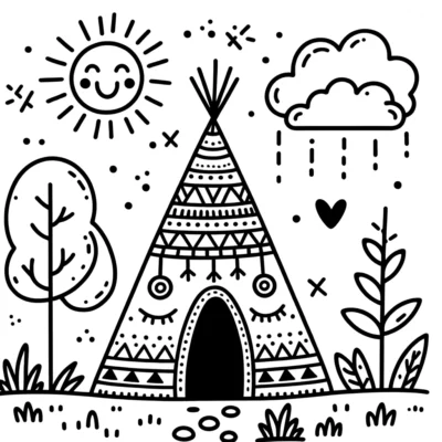 A teepee with trees and clouds in the background.