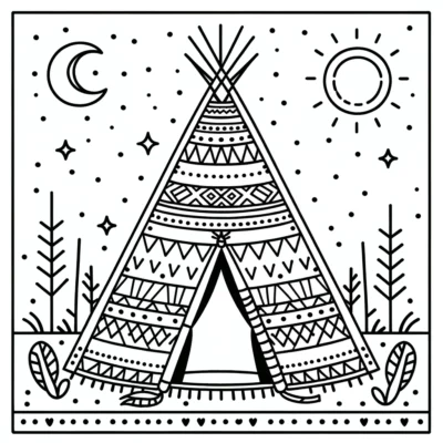 A teepee coloring page with a moon and stars.