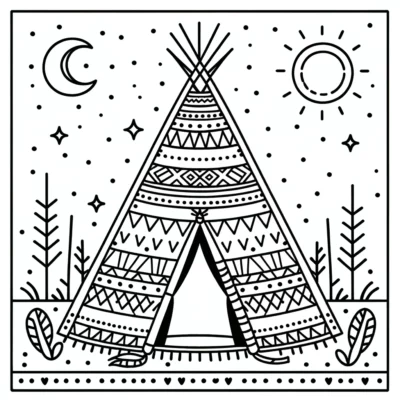 Un dibujo para colorear de un tipi con una luna y estrellas.