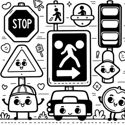 Illustration im Doodle-Stil von anthropomorphisierten Verkehrsschildern, Lichtern und Fahrzeugen mit fröhlichen Gesichtsausdrücken.