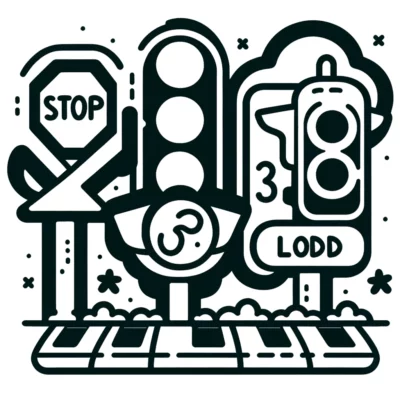 Monochrome Illustration stilisierter Verkehrskontrollelemente, darunter ein Stoppschild, eine Ampel und eine Parkuhr mit skurrilen Designs.