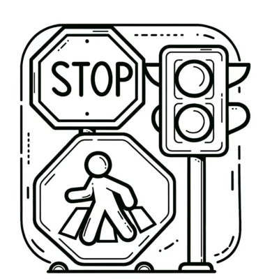 Line drawing of a traffic light with a 'stop' sign and pedestrian crossing sign.
