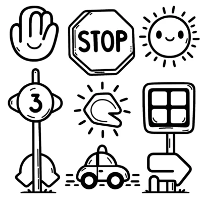 Una colección de íconos relacionados con el tráfico dibujados con líneas, que incluyen una señal de alto, una mano que saluda, un sol, una señal de límite de velocidad, una flecha direccional, un automóvil y un semáforo.