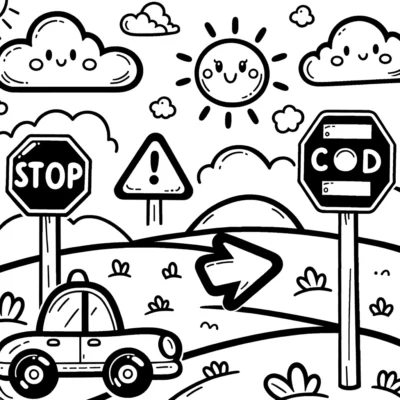 Dibujo lineal en blanco y negro de un alegre paisaje de dibujos animados que presenta un automóvil en una carretera con señales de tráfico y un sol sonriente en el cielo.