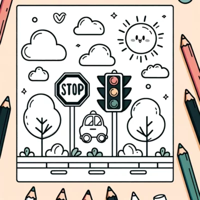 Illustration einer vereinfachten Straßenszene mit einem Auto an einem Stoppschild, einer Ampel und fröhlicher Sonne, eingerahmt von Buntstiften.