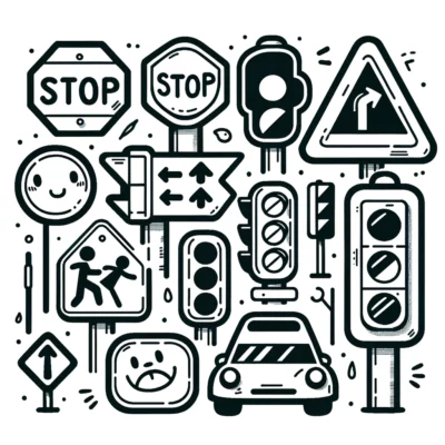 Ilustración en blanco y negro que presenta una colección de señales de tráfico estilizadas y señales con expresiones faciales divertidas.