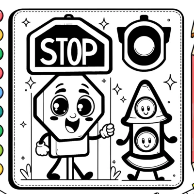 Black and white coloring page featuring anthropomorphized traffic signs.