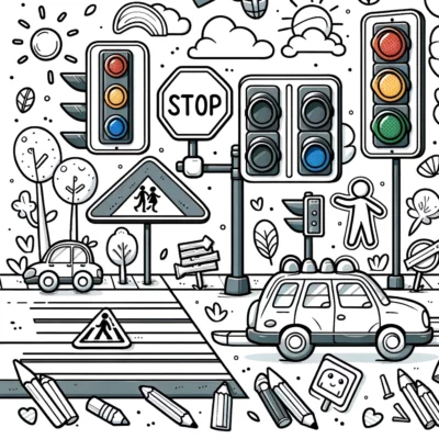 A black and white illustration of a busy street scene with vehicles, traffic lights, a pedestrian crossing, and various urban elements, accented with colored details.