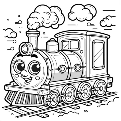 A cartoon train coloring page for kids.