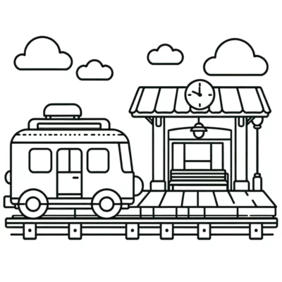 Ein Schwarz-Weiß-Bild eines Zuges an einem Bahnhof.