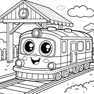 Dibujos de un tren de dibujos animados sobre las vías para colorear.