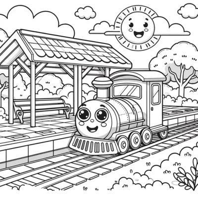 Una página para colorear de un tren de dibujos animados con una estación de tren.