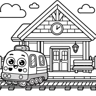 Eine Zug-Malvorlage mit einem Zug und einem Bahnhof.