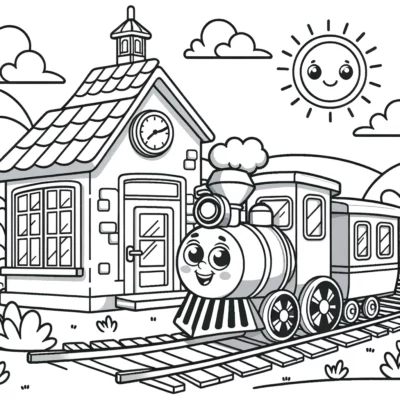 Un dibujo para colorear de un tren con una casa y un tren.