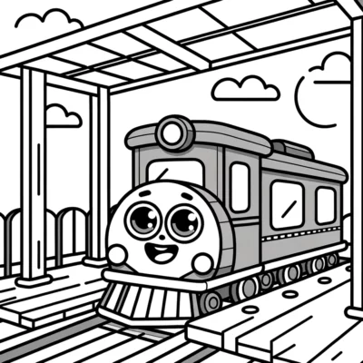 Dibujo de un tren de dibujos animados en un andén para colorear.