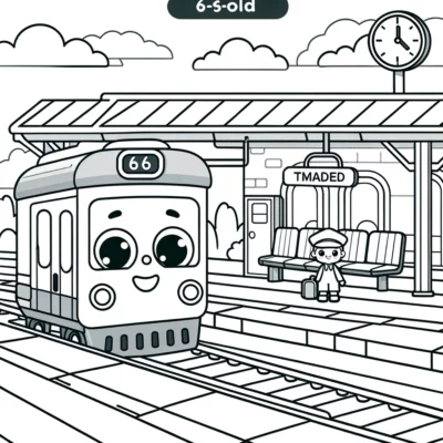 Ausmalbild: Ein Cartoon-Zug an einem Bahnhof.