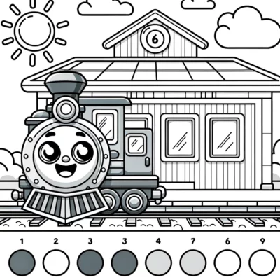 Una página para colorear con un tren de dibujos animados y una estación de tren.