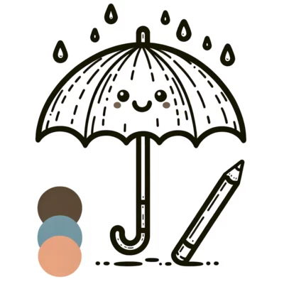 A coloring page with an umbrella and a pencil.