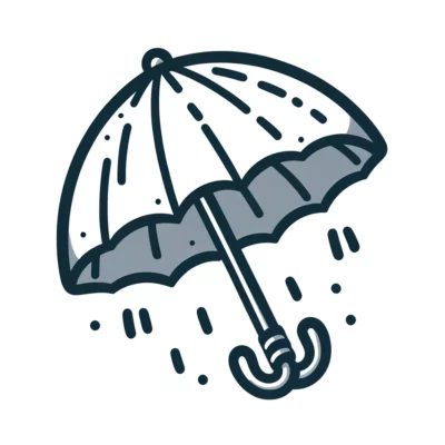 Un icono de paraguas blanco y negro sobre un fondo blanco.