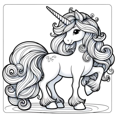 A unicorn coloring page with long hair on a white background.