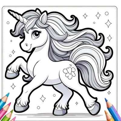 Una página para colorear de unicornio con lápices y crayones.