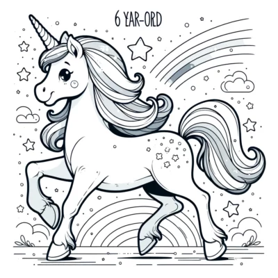 A unicorn coloring page with stars and rainbows.