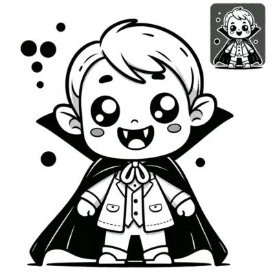 A black and white drawing of a dracula boy.