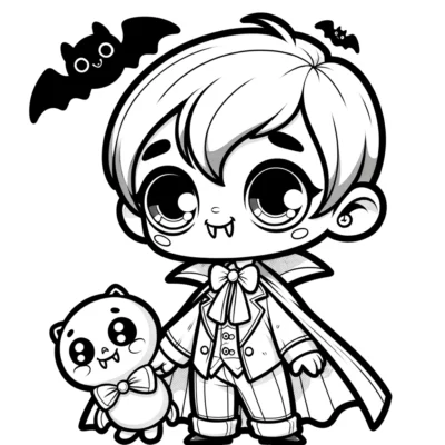 A black and white drawing of a little vampire boy holding a teddy bear.