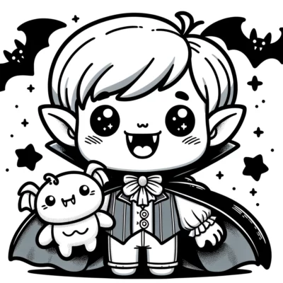 Un niño vampiro kawaii sosteniendo un osito de peluche.