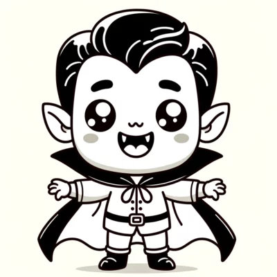 A black and white illustration of a cartoon vampire.