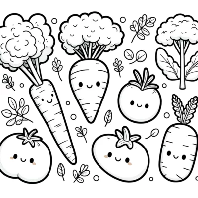 A set of kawaii vegetables coloring pages.