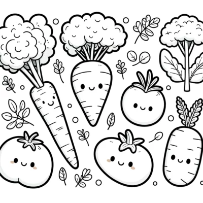 Un conjunto de páginas para colorear de verduras kawaii.