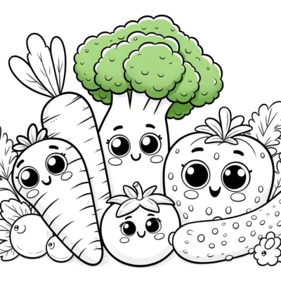 Páginas para colorear de verduras kawaii para niños.