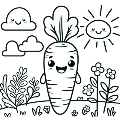 A cute carrot coloring page with sun and flowers.