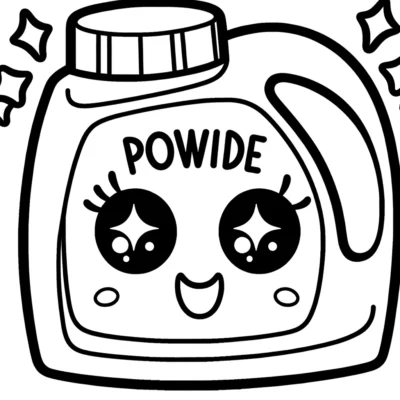 An illustration of a cartoonish detergent bottle with a smiling face and the label "powide".