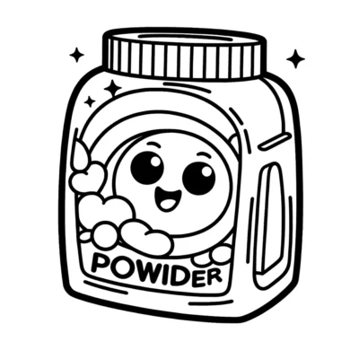 A cartoon illustration of a smiling powder container with bubbles and stars around it.
