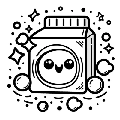 Line drawing of a stylized, cute washing machine surrounded by bubbles and stars.
