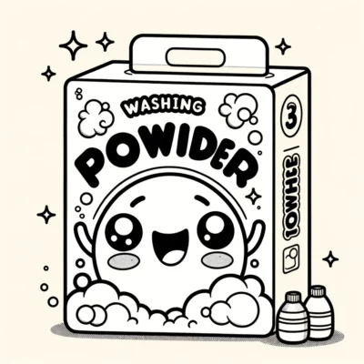 Illustration of a cute, anthropomorphic washing powder box with bubbles and stars around it.