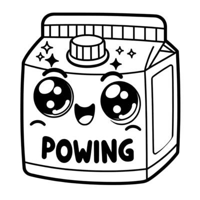 Una ilustración de una botella de detergente antropomórfica con una expresión linda y sonriente, etiquetada como "powing".