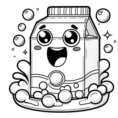 Una ilustración de un cartón de leche feliz y antropomorfizado rodeado de burbujas.