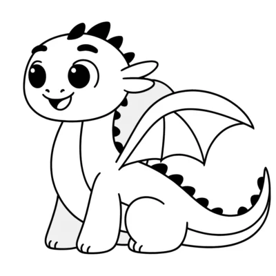 Black and white illustration of a cute cartoon dragon with wings and spikes, smiling and sitting down.
