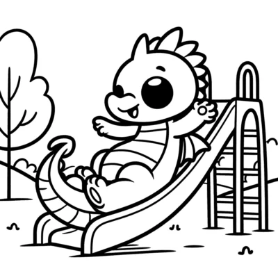 Ein Cartoon-Dinosaurier, der eine Rutsche auf einem Spielplatz hinunterrutscht, mit Bäumen und einer Leiter im Hintergrund.