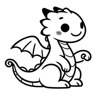 Black and white line drawing of a cute, friendly cartoon dragon sitting with a curled tail and small wings, smiling.