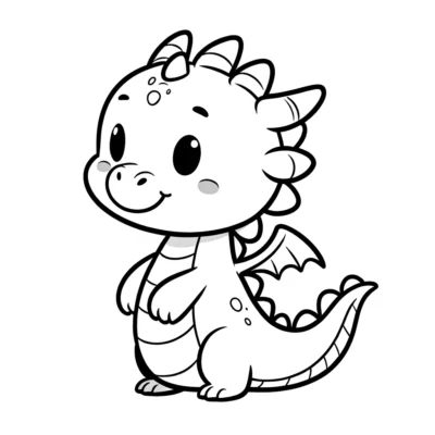A cute cartoon dragon with spikes and a striped tail, standing and smiling, depicted in black and white line art.