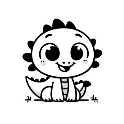 Eine Karikatur eines fröhlichen Dinosaurierbabys, schwarz und weiß, mit großen Augen und einem freundlichen Lächeln, das da sitzt und dessen Schwanz zu sehen ist.